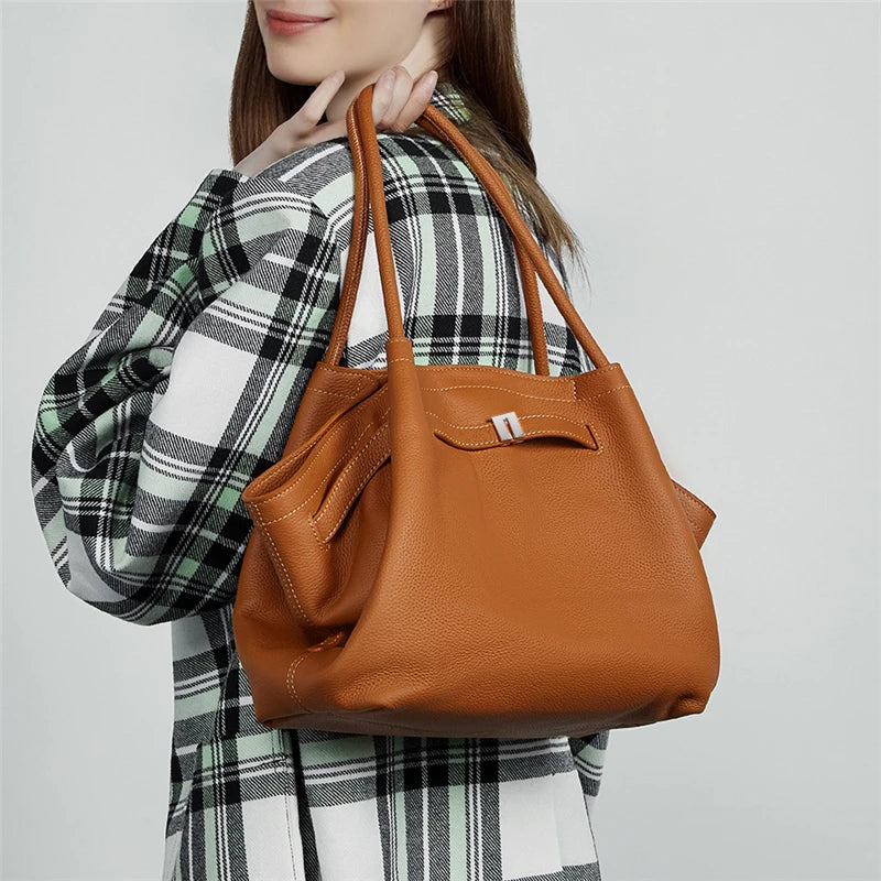 Hifashion Cowhide Genuine Leather Tote Shoulder Bags For Women 2025 Trend Designer Pleated Work Shopper Underarm Ladies Handbags