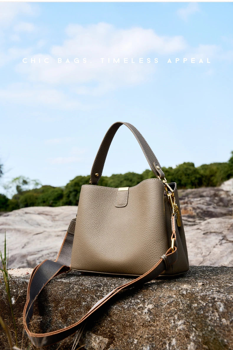 Hifashion 100% Cow Genuine Leather Bucket Shoulder Crossbody Bags For Women 2025 Luxury Designer Wide Strap Tote Ladies Handbags