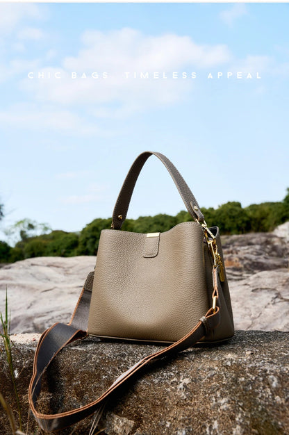 Hifashion 100% Cow Genuine Leather Bucket Shoulder Crossbody Bags For Women 2025 Luxury Designer Wide Strap Tote Ladies Handbags