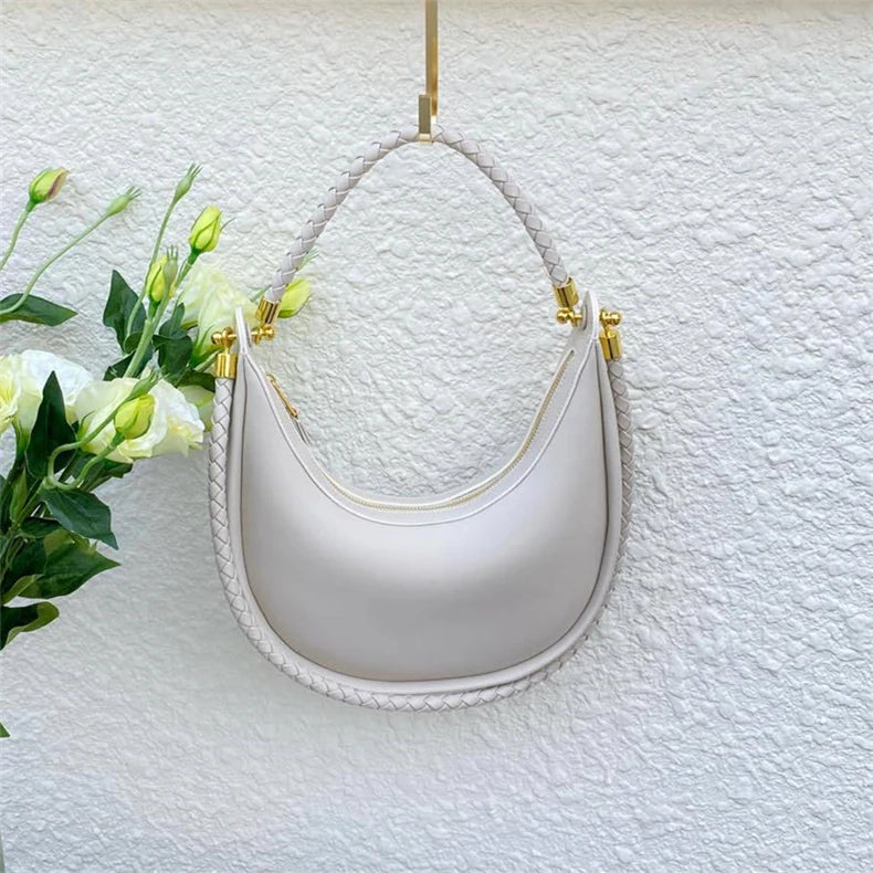 Hifashion Cowhide Genuine Leather Crescent Moon Underarm Shoulder Bags For Women 2025 Luxury Designer Woven Tote Ladies Handbags