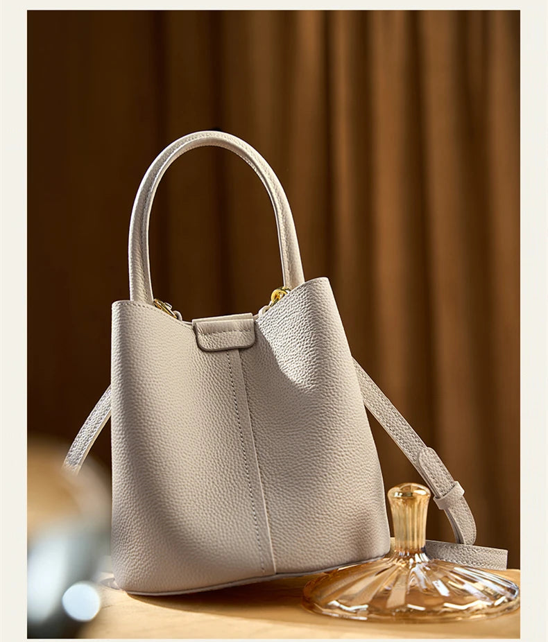 Hifashion Cowhide Genuine Leather Bucket Small Shoulder Bags For Women 2025 Luxury Designer Crossbody Purse Tote Ladies Handbags