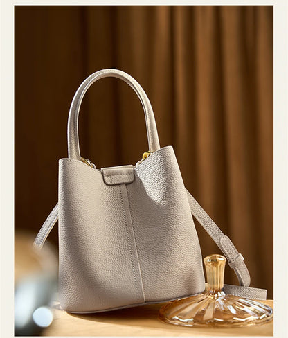 Hifashion Cowhide Genuine Leather Bucket Small Shoulder Bags For Women 2025 Luxury Designer Crossbody Purse Tote Ladies Handbags