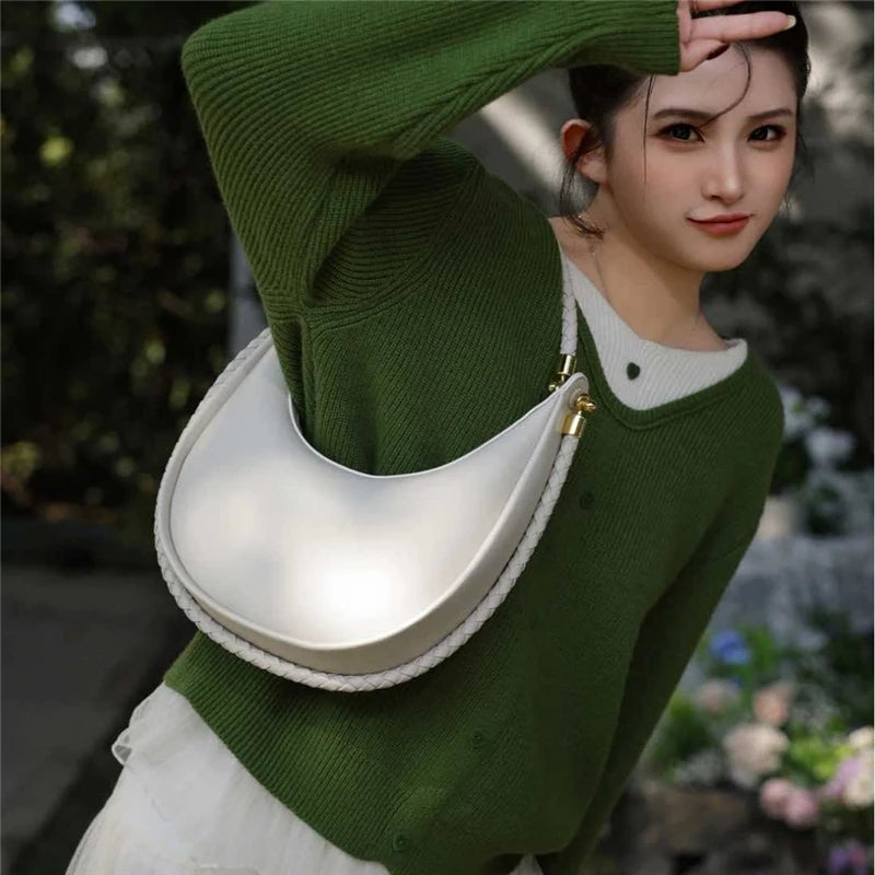 Hifashion Cowhide Genuine Leather Crescent Moon Underarm Shoulder Bags For Women 2025 Luxury Designer Woven Tote Ladies Handbags