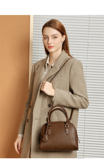 Hifashion Vintage Genuine Leather Bowling Tote Handbags For Women 2025 Luxury Designer Shell Work Ladies Shoulder Crossbody Bags