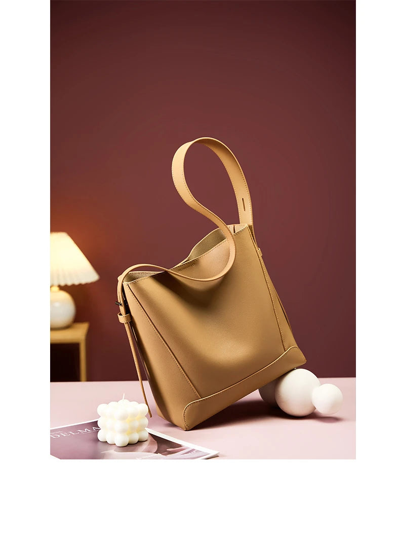 Hifashion Trendy Cow Genuine Leather Bucket Shoulder Bags For Women 2025 Luxury Designer Shopping Work Crossbody Ladies Handbags