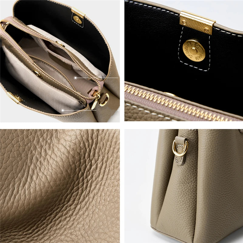 Hifashion 100% Cow Genuine Leather Bucket Shoulder Crossbody Bags For Women 2025 Luxury Designer Wide Strap Tote Ladies Handbags