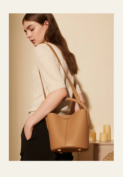 Hifashion Cowhide Genuine Leather Bucket Small Shoulder Bags For Women 2025 Luxury Designer Crossbody Purse Tote Ladies Handbags