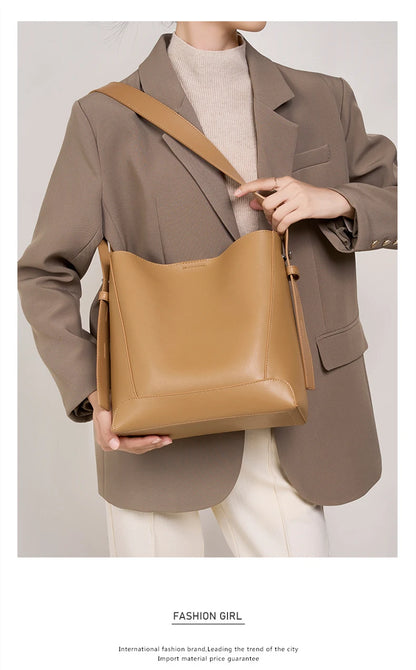 Hifashion Trendy Cow Genuine Leather Bucket Shoulder Bags For Women 2025 Luxury Designer Shopping Work Crossbody Ladies Handbags