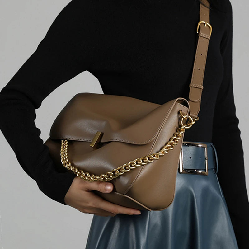 Hifashion Retro Genuine Leather Large Chain Shoulder Bags For Women 2025 Luxury Designer Messenger Satchel Work Ladies Handbags