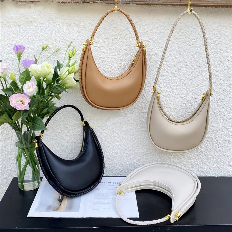 Hifashion Cowhide Genuine Leather Crescent Moon Underarm Shoulder Bags For Women 2025 Luxury Designer Woven Tote Ladies Handbags