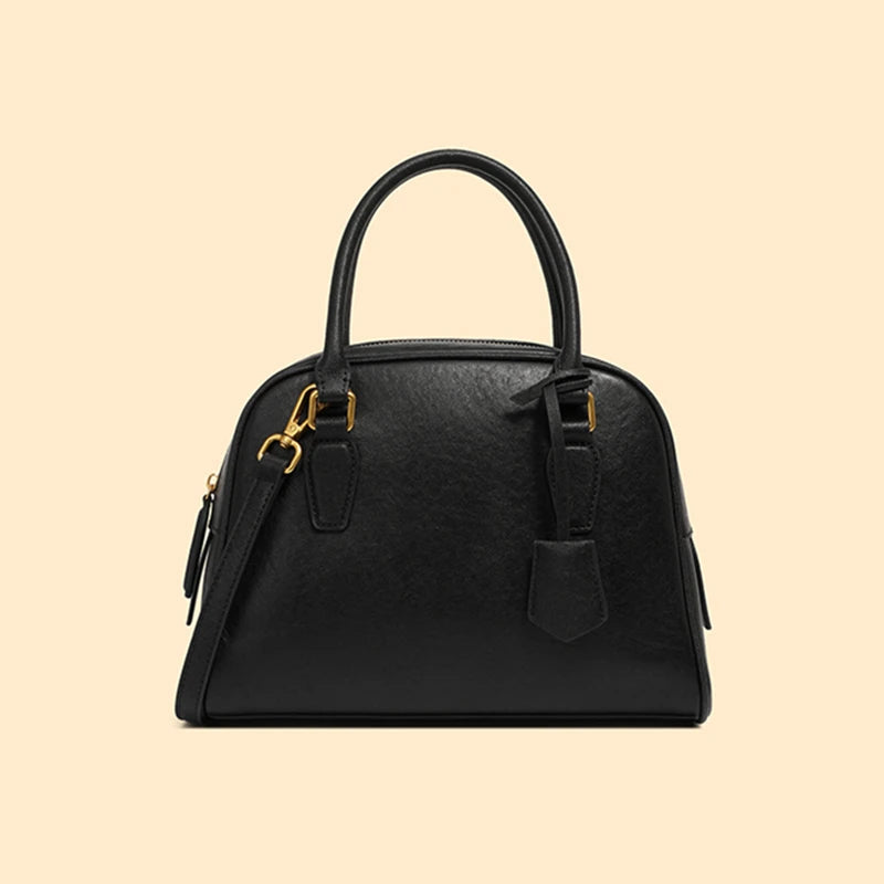 Hifashion Vintage Genuine Leather Bowling Tote Handbags For Women 2025 Luxury Designer Shell Work Ladies Shoulder Crossbody Bags