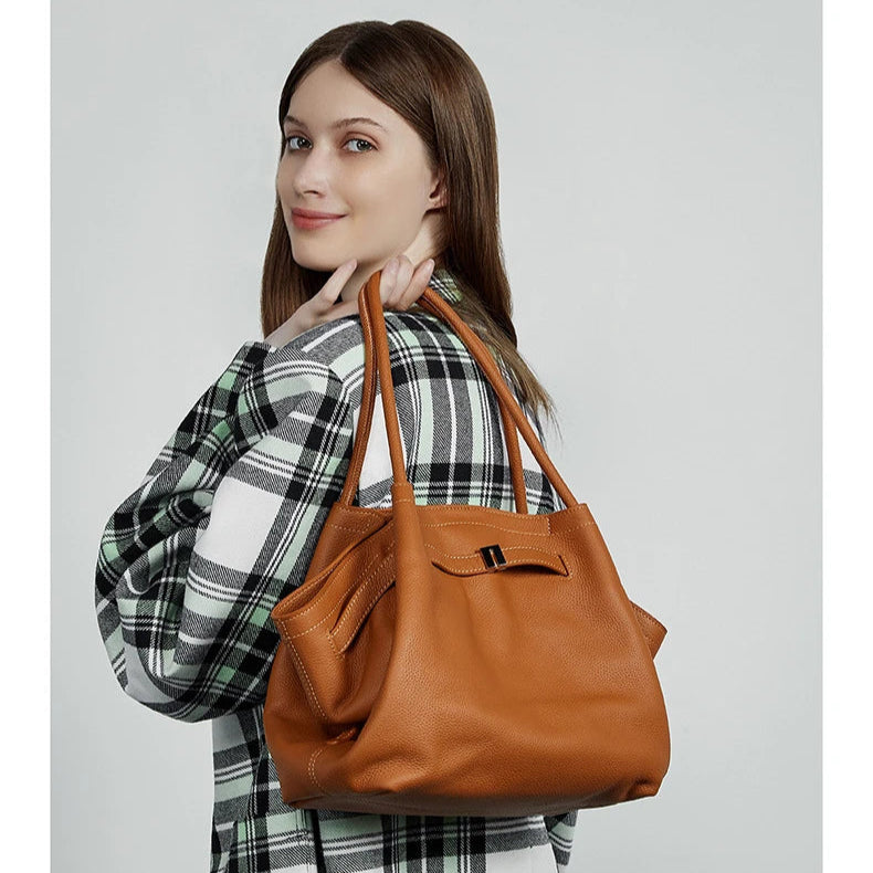 Hifashion Cowhide Genuine Leather Tote Shoulder Bags For Women 2025 Trend Designer Pleated Work Shopper Underarm Ladies Handbags