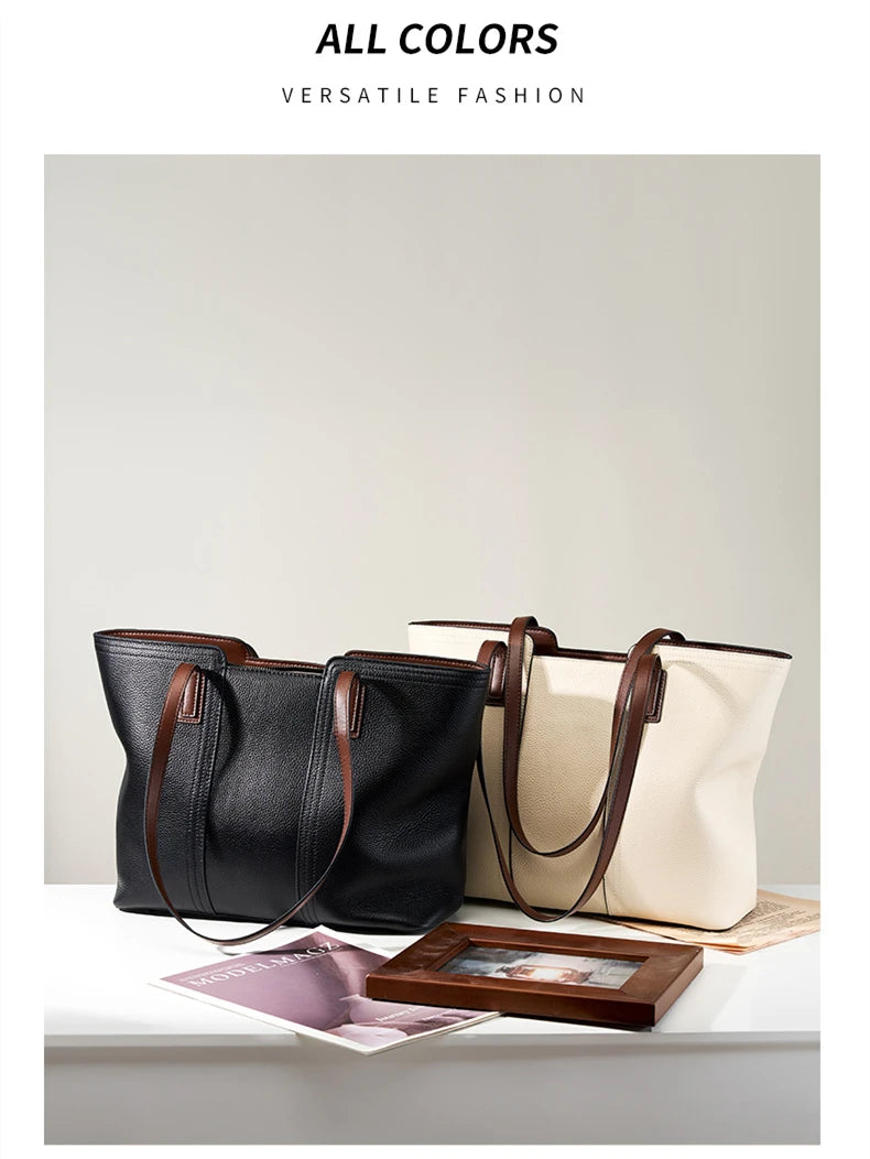 Hifashion Cowhide Genuine Leather Large Shoulder Bags For Women 2025 Luxury Designer Shopper Work Tote Commuter Ladies Handbags
