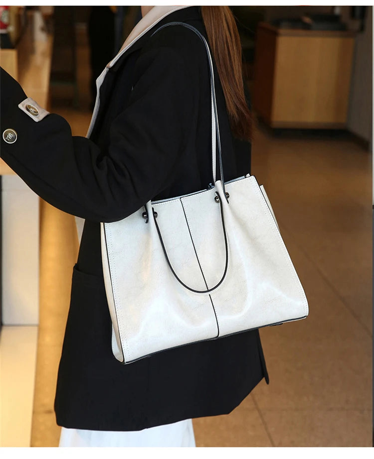 Hifashion Vintage Genuine Leather Large Shoulder Tote Bags For Women 2025 Trend Designer Oil Wax Shopper Office Ladies Handbags