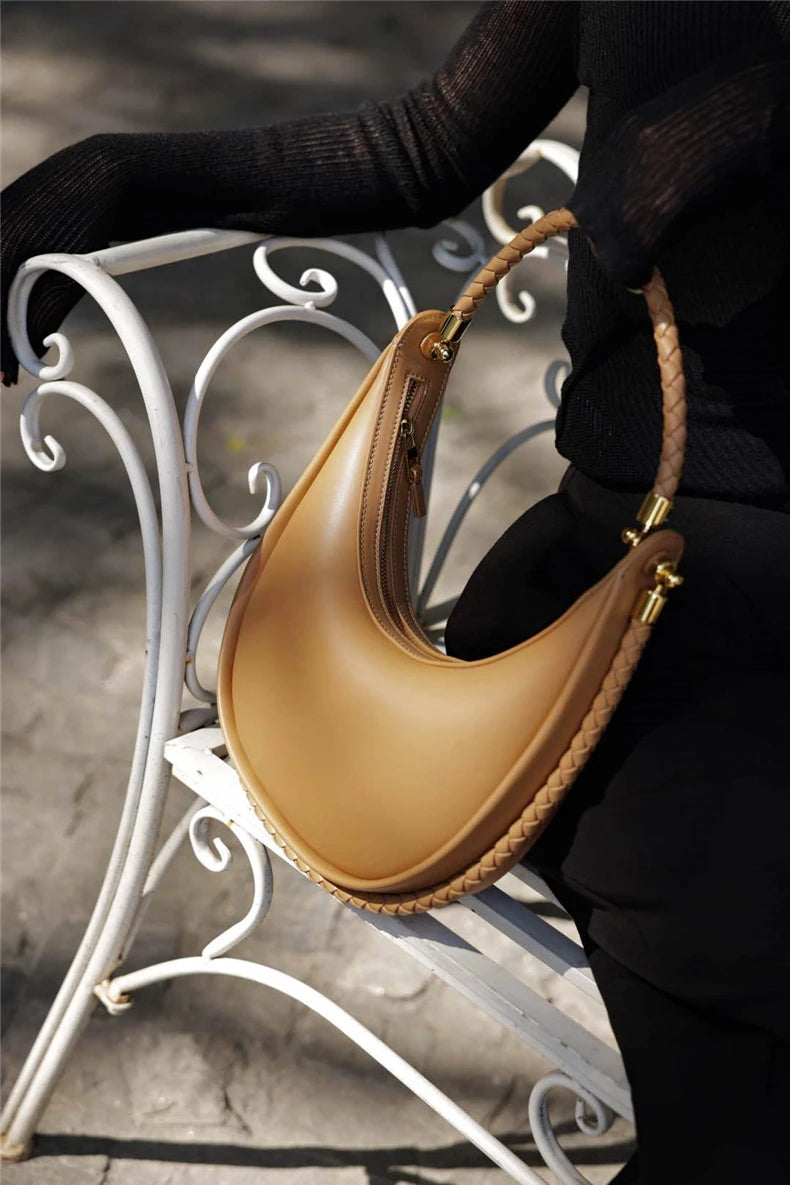 Hifashion Cowhide Genuine Leather Crescent Moon Underarm Shoulder Bags For Women 2025 Luxury Designer Woven Tote Ladies Handbags