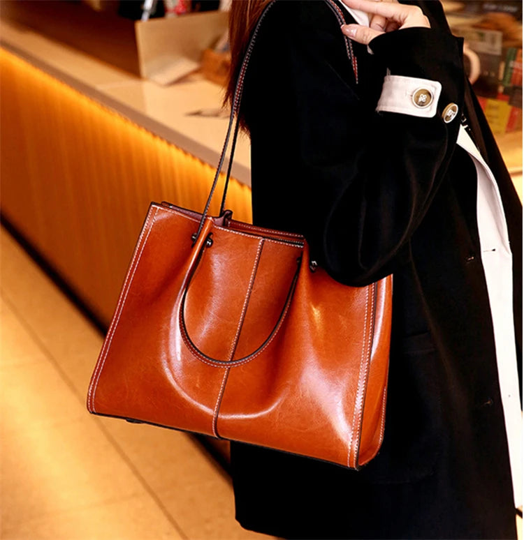Hifashion Vintage Genuine Leather Large Shoulder Tote Bags For Women 2025 Trend Designer Oil Wax Shopper Office Ladies Handbags