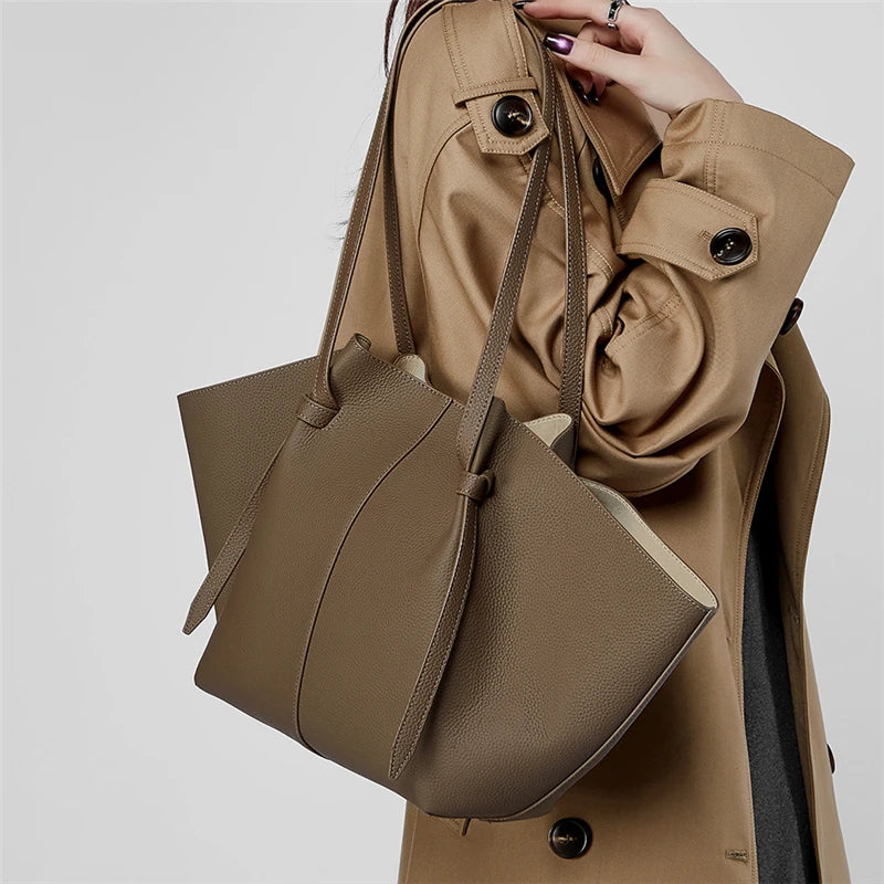 Hifashion Cowhide Genuine Leather Large Tote Shoulder Bags For Women 2025 Trend Designer Trapeze Purses Underarm Ladies Handbags