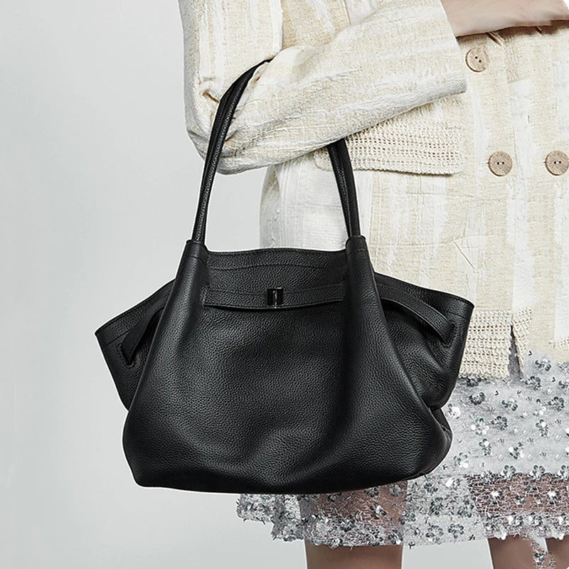 Hifashion Cowhide Genuine Leather Tote Shoulder Bags For Women 2025 Trend Designer Pleated Work Shopper Underarm Ladies Handbags