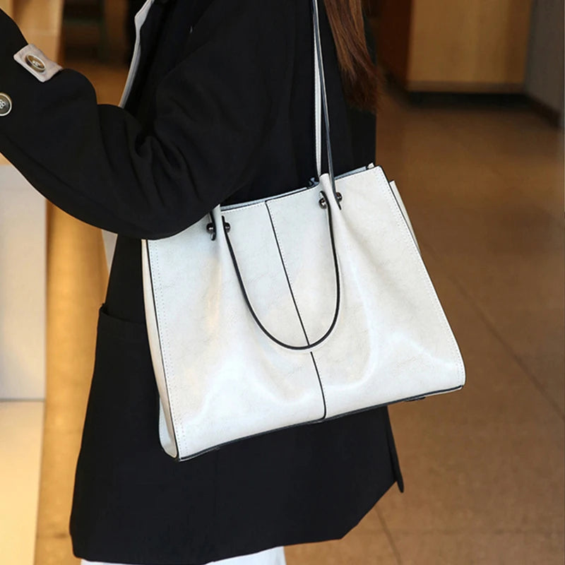 Hifashion Vintage Genuine Leather Large Shoulder Tote Bags For Women 2025 Trend Designer Oil Wax Shopper Office Ladies Handbags