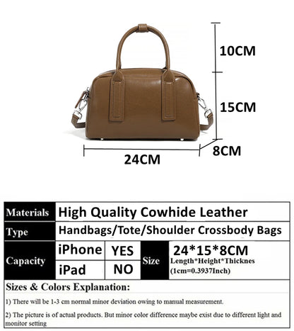 Hifashion Vintage Boston Cow Genuine Leather Handbags For Women 2025 Trend Designer Bowling Work Ladies Shoulder Crossbody Bags