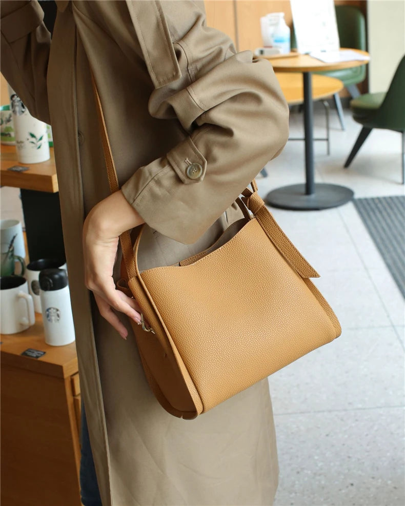 Hifashion Vintage Cow Genuine Leather Bucket Tote Shoulder Bags For Women 2025 Luxury Designer Shopper Crossbody Ladies Handbags