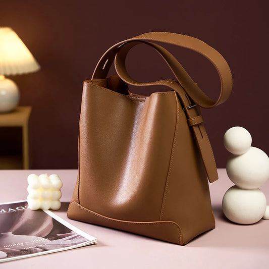 Hifashion Trendy Cow Genuine Leather Bucket Shoulder Bags For Women 2025 Luxury Designer Shopping Work Crossbody Ladies Handbags