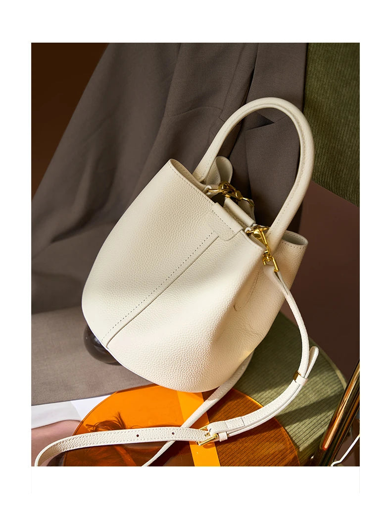 Hifashion Cowhide Genuine Leather Bucket Small Shoulder Bags For Women 2025 Luxury Designer Crossbody Purse Tote Ladies Handbags