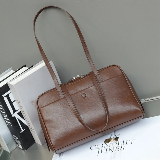 Hifashion Retro Genuine Leather Bowling Underarm Shoulder Bags For Women 2025 Luxury Designer Large Pillow Tote Ladies Handbags