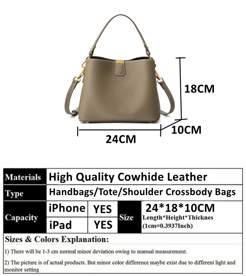 Hifashion 100% Cow Genuine Leather Bucket Shoulder Crossbody Bags For Women 2025 Luxury Designer Wide Strap Tote Ladies Handbags