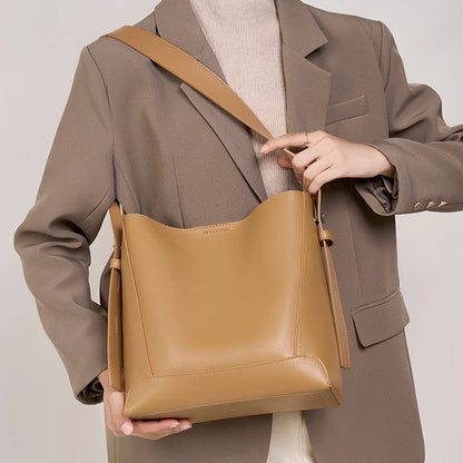 Hifashion Trendy Cow Genuine Leather Bucket Shoulder Bags For Women 2025 Luxury Designer Shopping Work Crossbody Ladies Handbags