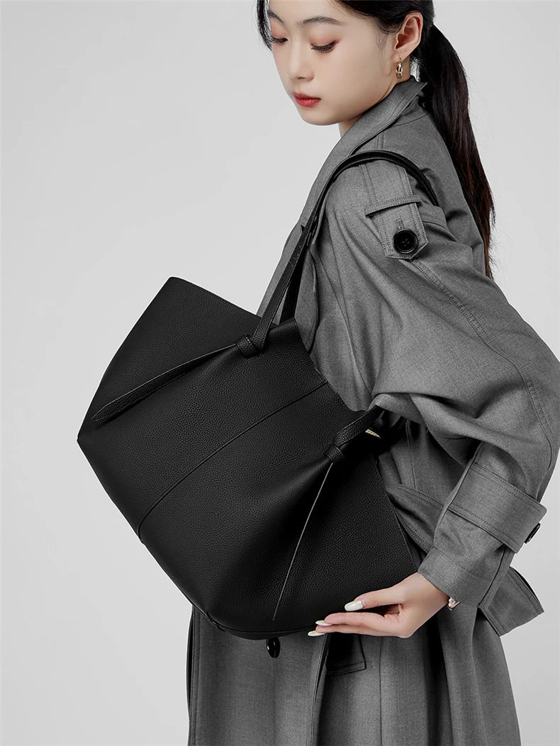 Hifashion Cowhide Genuine Leather Large Tote Shoulder Bags For Women 2025 Trend Designer Trapeze Purses Underarm Ladies Handbags