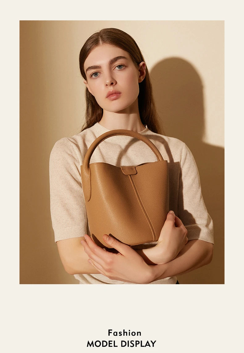 Hifashion Cowhide Genuine Leather Bucket Small Shoulder Bags For Women 2025 Luxury Designer Crossbody Purse Tote Ladies Handbags