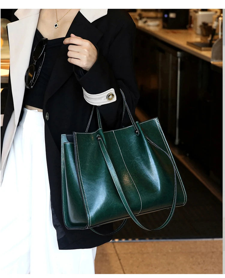 Hifashion Vintage Genuine Leather Large Shoulder Tote Bags For Women 2025 Trend Designer Oil Wax Shopper Office Ladies Handbags