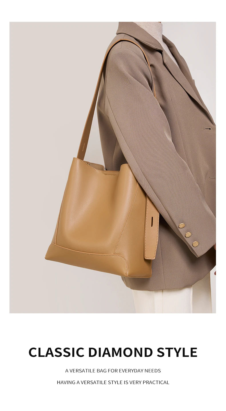 Hifashion Trendy Cow Genuine Leather Bucket Shoulder Bags For Women 2025 Luxury Designer Shopping Work Crossbody Ladies Handbags