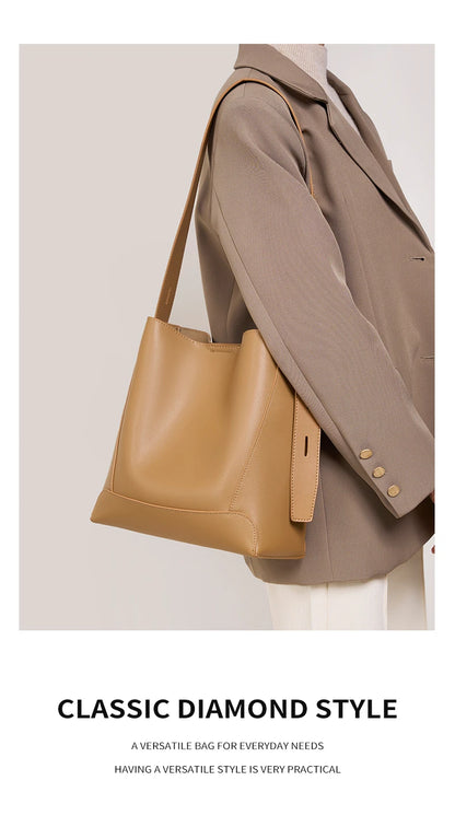 Hifashion Trendy Cow Genuine Leather Bucket Shoulder Bags For Women 2025 Luxury Designer Shopping Work Crossbody Ladies Handbags