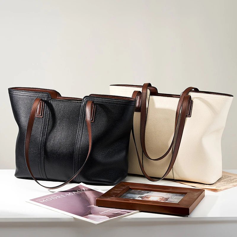 Hifashion Cowhide Genuine Leather Large Shoulder Bags For Women 2025 Luxury Designer Shopper Work Tote Commuter Ladies Handbags