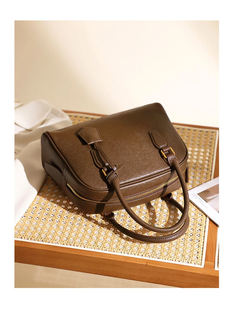 Hifashion Vintage Genuine Leather Bowling Tote Handbags For Women 2025 Luxury Designer Shell Work Ladies Shoulder Crossbody Bags