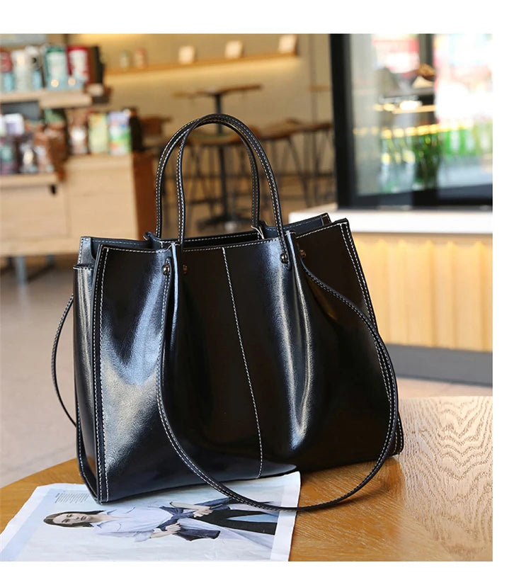 Hifashion Vintage Genuine Leather Large Shoulder Tote Bags For Women 2025 Trend Designer Oil Wax Shopper Office Ladies Handbags