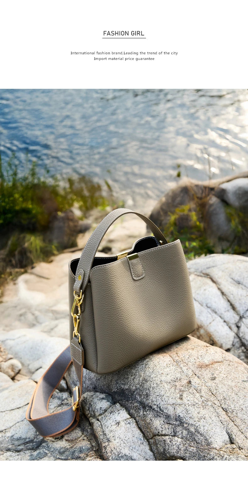 Hifashion 100% Cow Genuine Leather Bucket Shoulder Crossbody Bags For Women 2025 Luxury Designer Wide Strap Tote Ladies Handbags