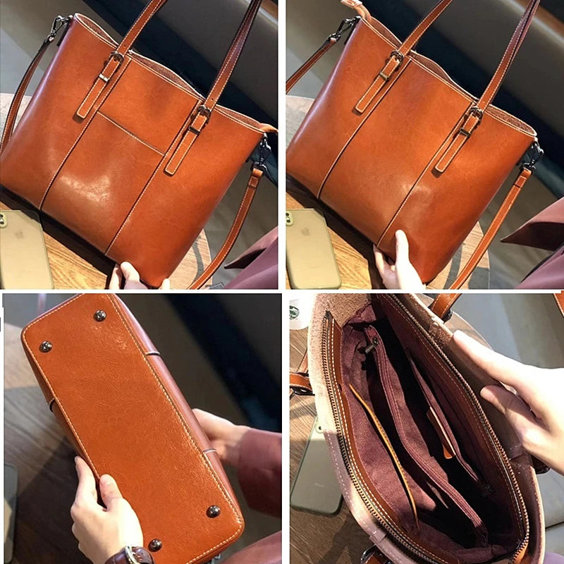 Hifashion Vintage Cow Genuine Leather Large Tote Bags For Women 2025 Luxury Designer Shopping Shoulder Bags Work Ladies Handbags