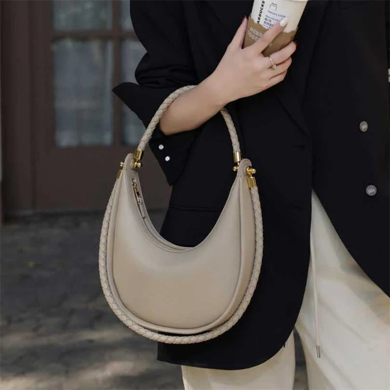 Hifashion Cowhide Genuine Leather Crescent Moon Underarm Shoulder Bags For Women 2025 Luxury Designer Woven Tote Ladies Handbags