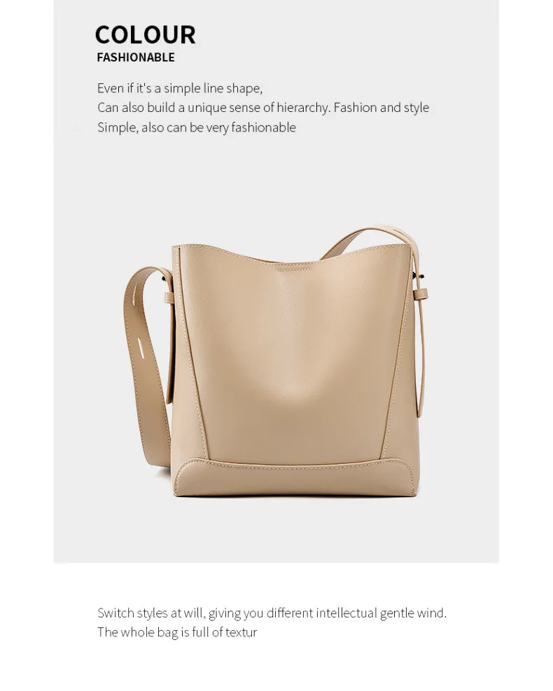 Hifashion Trendy Cow Genuine Leather Bucket Shoulder Bags For Women 2025 Luxury Designer Shopping Work Crossbody Ladies Handbags