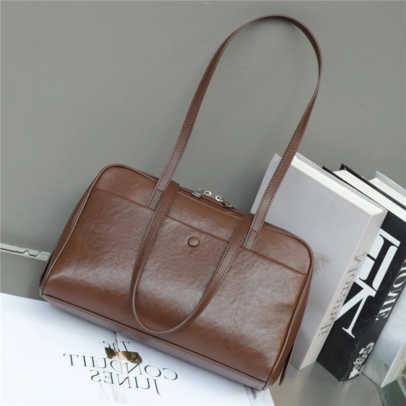 Hifashion Retro Genuine Leather Bowling Underarm Shoulder Bags For Women 2025 Luxury Designer Large Pillow Tote Ladies Handbags