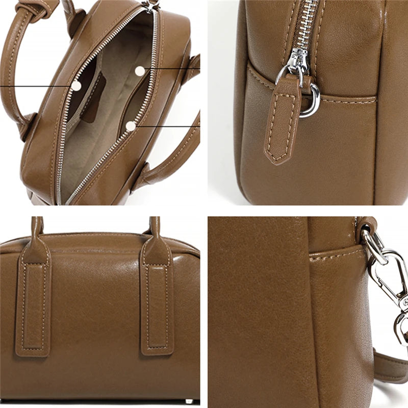 Hifashion Vintage Boston Cow Genuine Leather Handbags For Women 2025 Trend Designer Bowling Work Ladies Shoulder Crossbody Bags