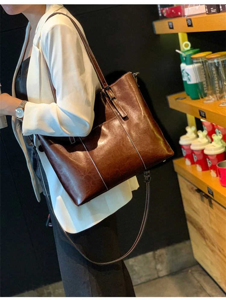 Hifashion Vintage Cow Genuine Leather Large Tote Bags For Women 2025 Luxury Designer Shopping Shoulder Bags Work Ladies Handbags