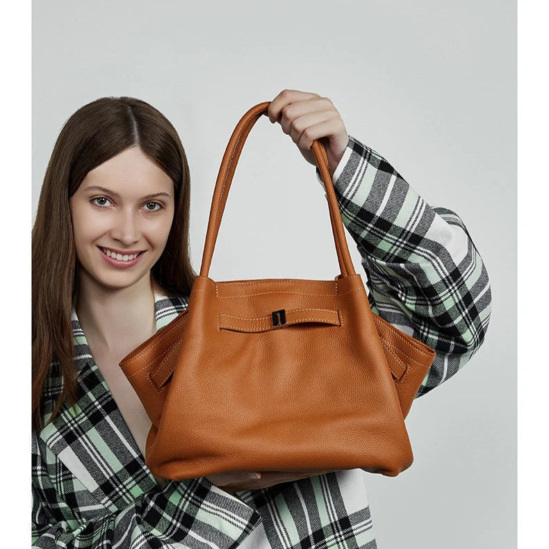 Hifashion Cowhide Genuine Leather Tote Shoulder Bags For Women 2025 Trend Designer Pleated Work Shopper Underarm Ladies Handbags