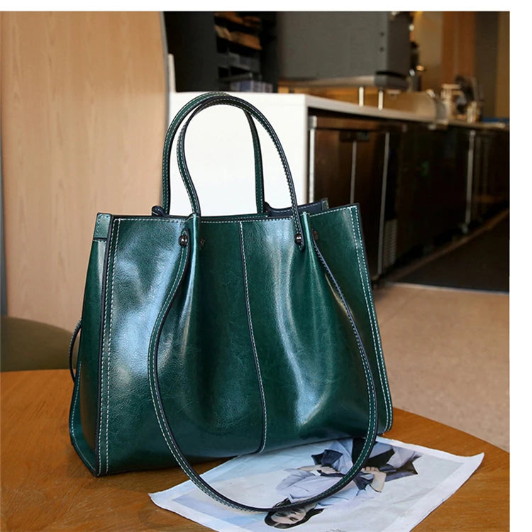 Hifashion Vintage Genuine Leather Large Shoulder Tote Bags For Women 2025 Trend Designer Oil Wax Shopper Office Ladies Handbags