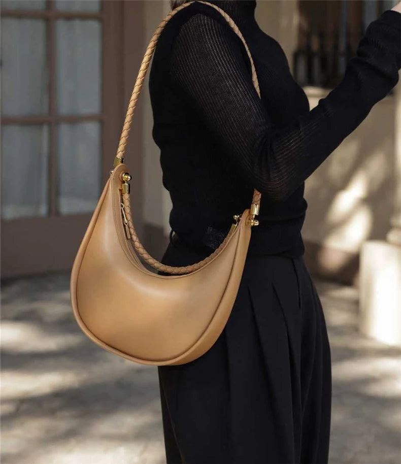 Hifashion Cowhide Genuine Leather Crescent Moon Underarm Shoulder Bags For Women 2025 Luxury Designer Woven Tote Ladies Handbags