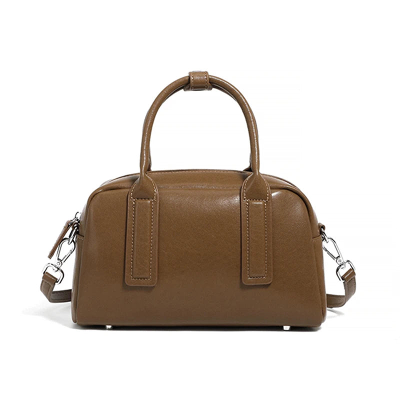 Hifashion Vintage Boston Cow Genuine Leather Handbags For Women 2025 Trend Designer Bowling Work Ladies Shoulder Crossbody Bags