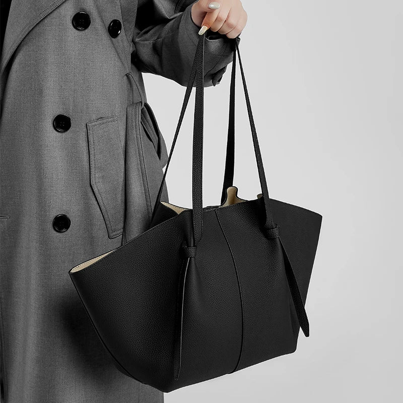Hifashion Cowhide Genuine Leather Large Tote Shoulder Bags For Women 2025 Trend Designer Trapeze Purses Underarm Ladies Handbags